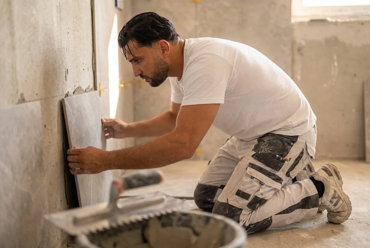 Albert Neziraj legt eine großformatige Feinsteinzeugfliese an die Wand an