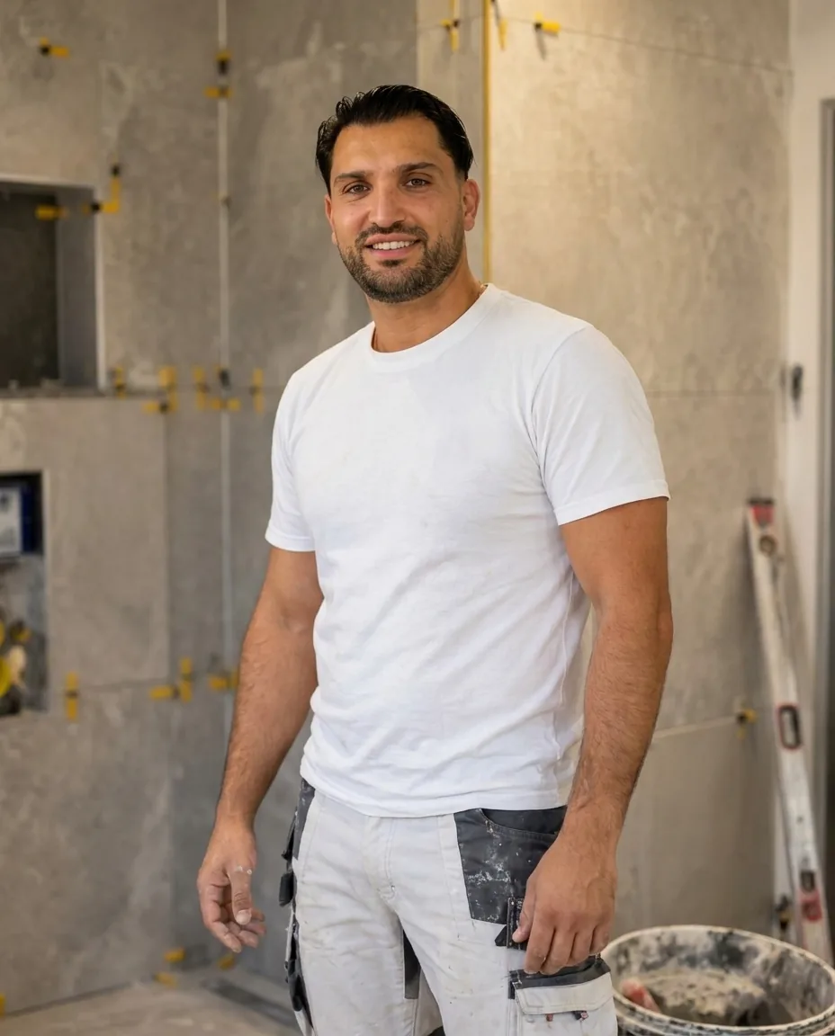 Albert Neziraj in Arbeitskleidung in einem Bad im Rohbau