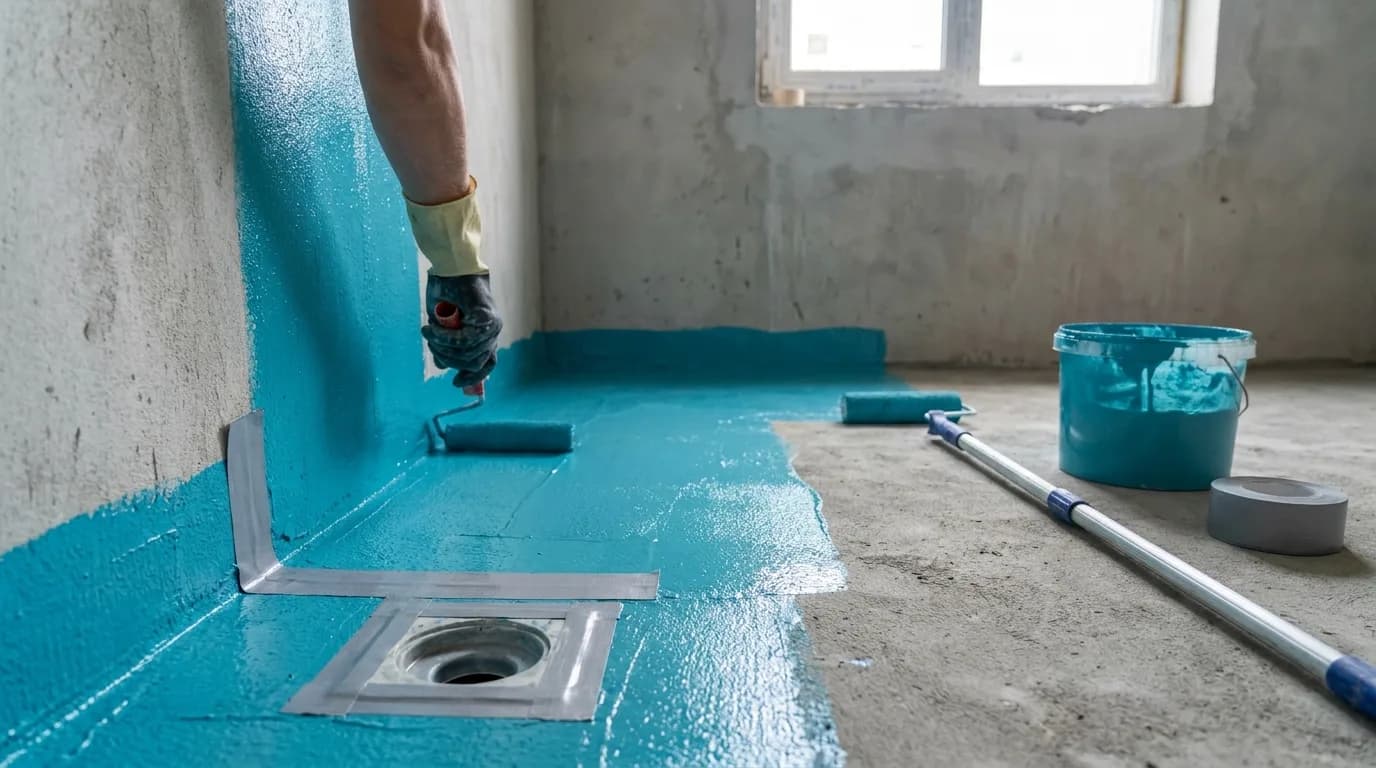 Dichtschlämme wird auf Estrich gerollt, Dichtband in der Ecke und Manschette am Bodenablauf