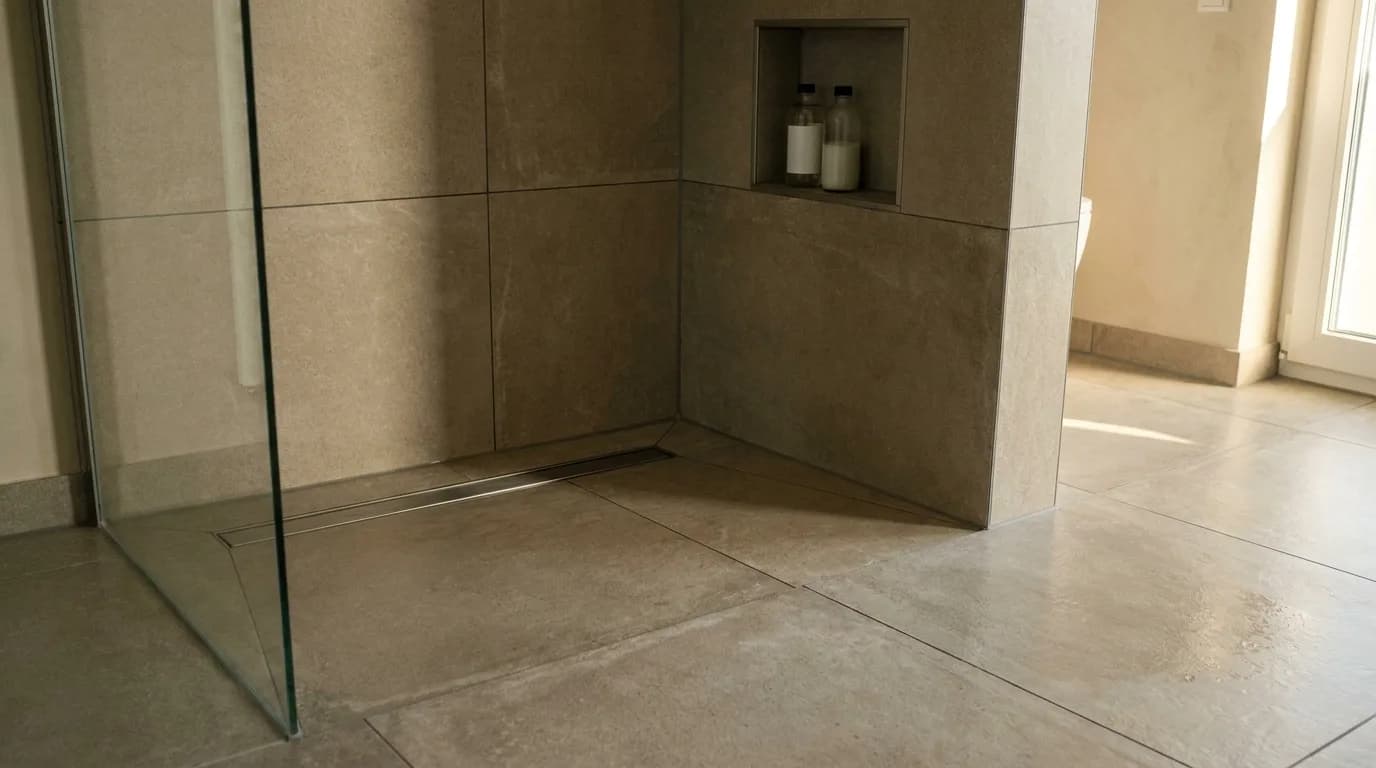 Bodengleiche Dusche mit Duschrinne, Großformatfliesen und gefliester Wandnische
