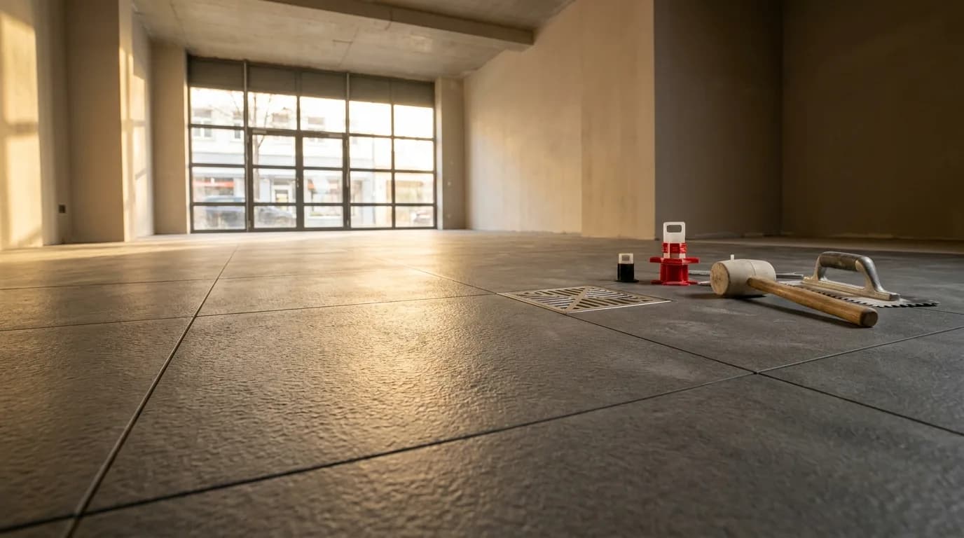 Leere Ladenfläche mit frisch verlegten, strukturierten Bodenfliesen und Bodenablauf