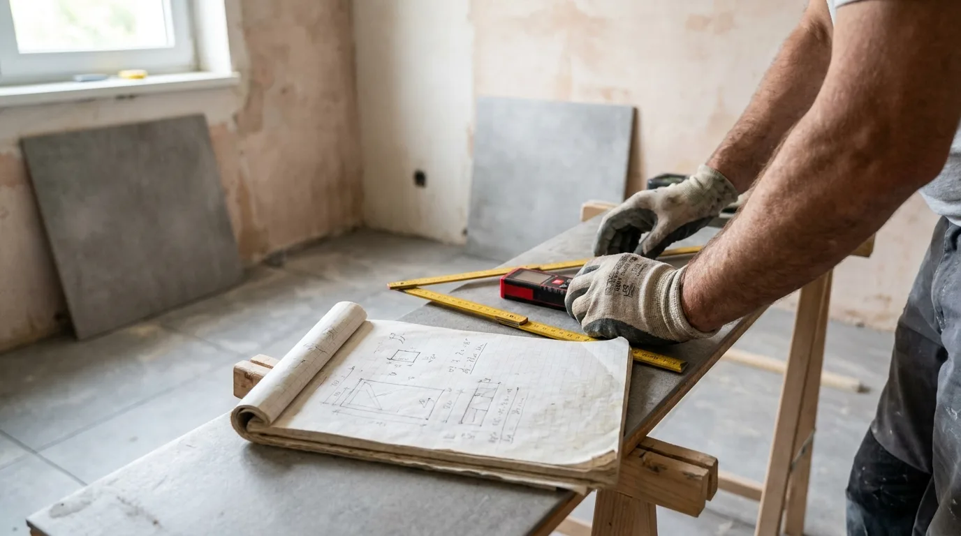 Aufmaß auf der Baustelle, Zollstock, Lasermessgerät und Maßskizze auf dem Block