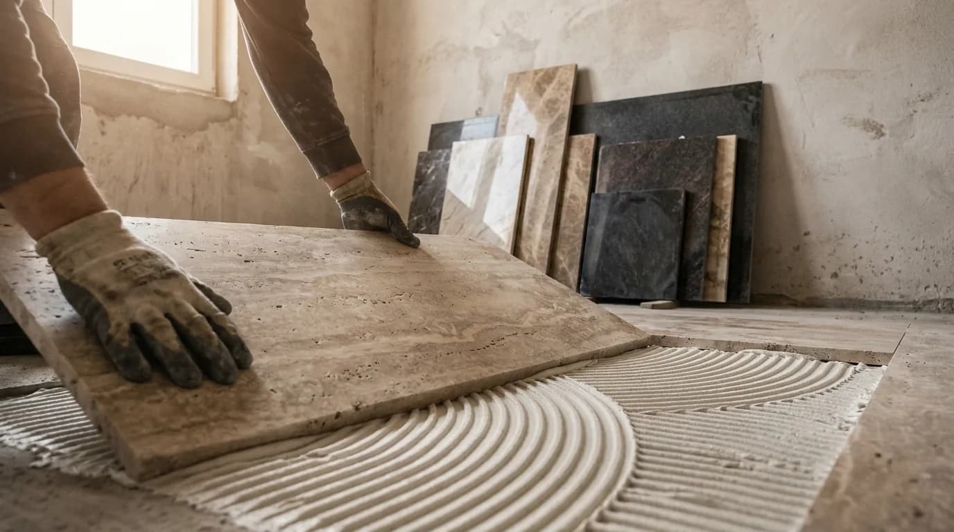 Travertinplatte wird in ein gekämmtes Bett aus weißem Natursteinkleber gesetzt