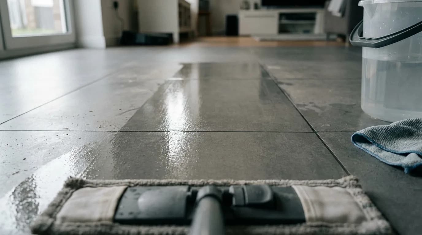 Flachwischer auf grauem Fliesenboden, frisch gewischte Spur neben noch mattem Belag