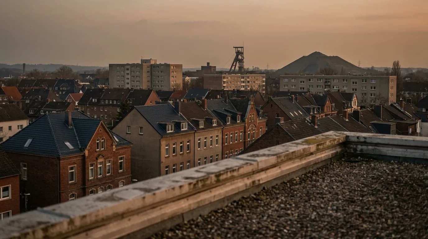 Dächer über einem Ruhrgebietsviertel, am Horizont ein Fördergerüst und eine Halde