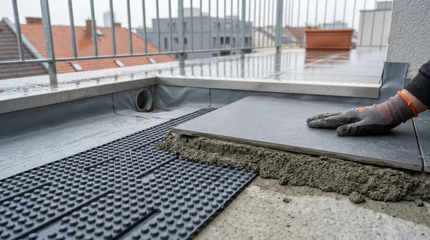 Balkonplatte wird auf Drainagematte und Drainmörtel über der Abdichtung gesetzt