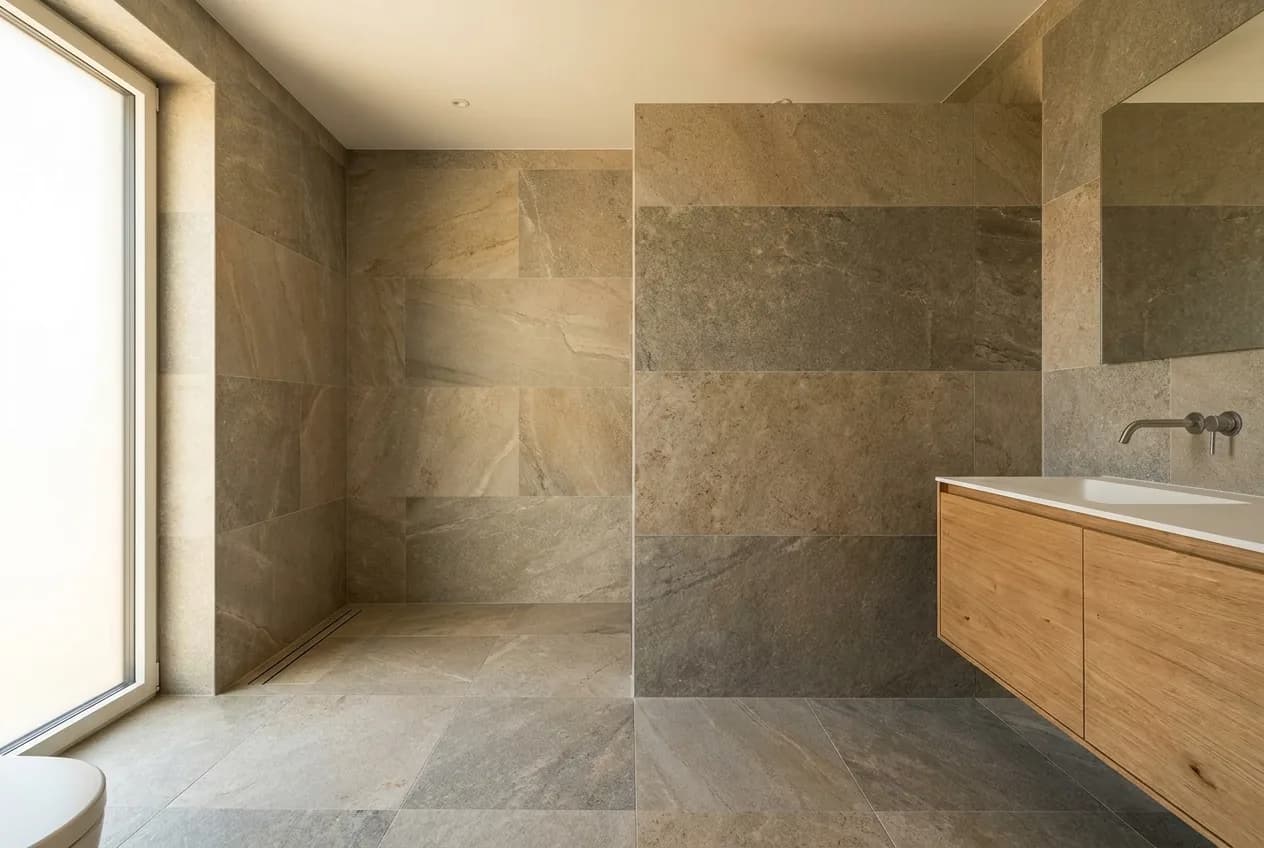 Bad mit großformatigen Wandfliesen, Waschtisch und bodengleicher Dusche