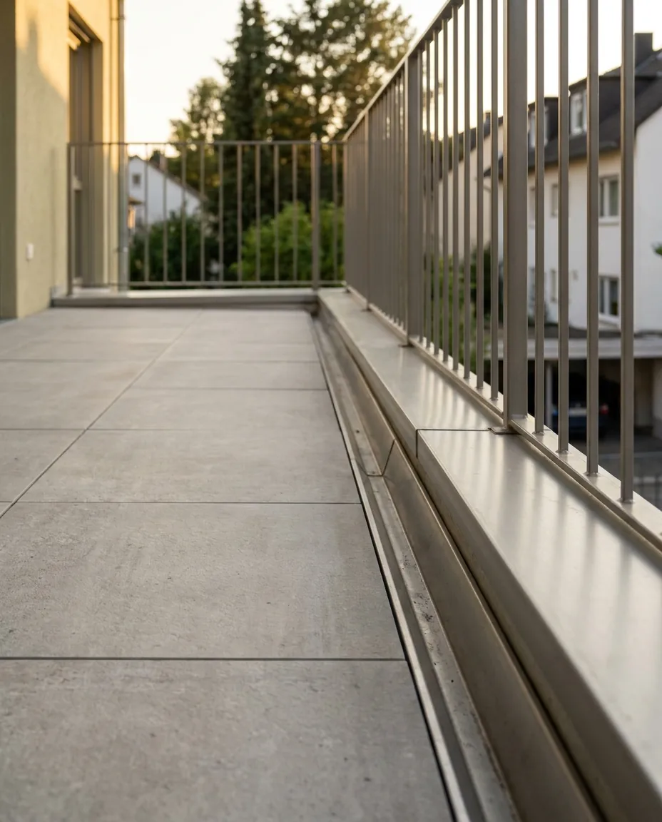 Balkon mit frostsicherem Feinsteinzeug, Gefälle und Randabschluss