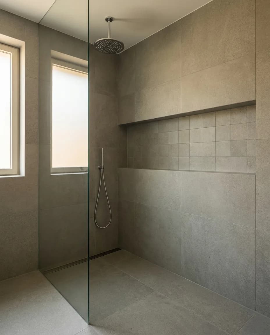 Bodengleiche Dusche mit Duschrinne und geflieste Wandnische