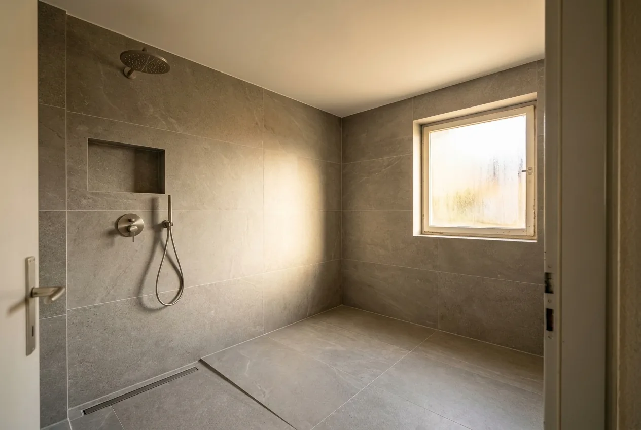 Dasselbe Bad nach der Sanierung mit Großformat und bodengleicher Dusche