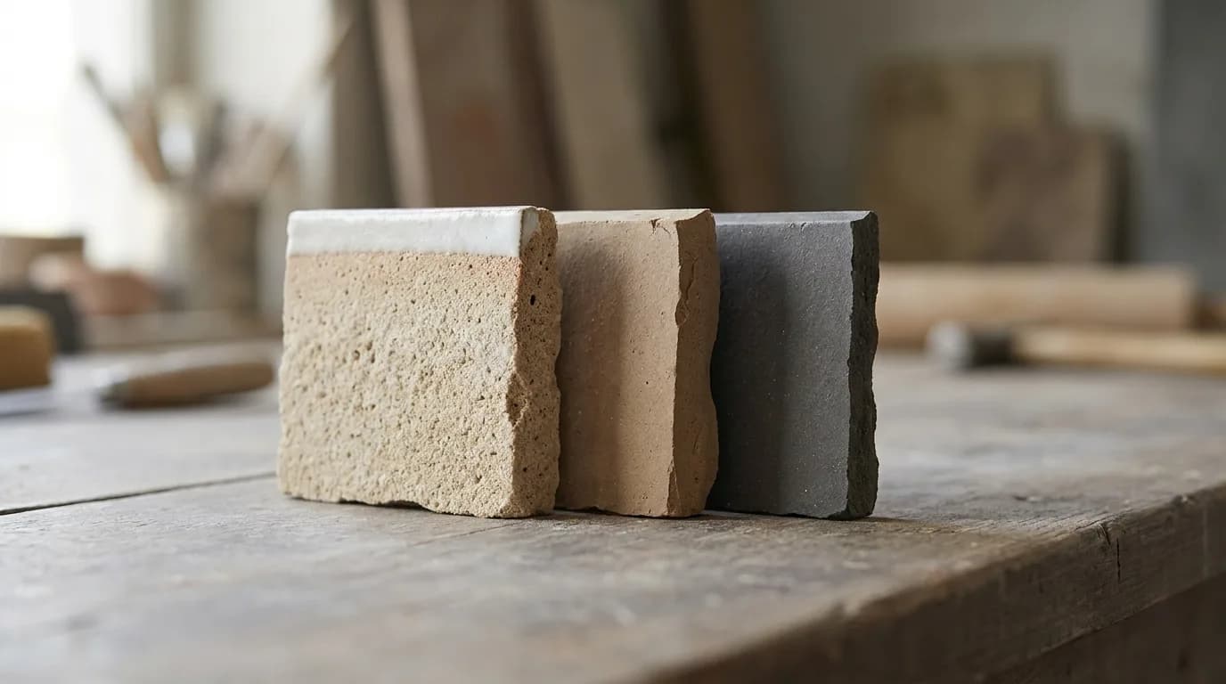Drei aufgebrochene Fliesenmuster zeigen den porösen und den dichten Scherben im Vergleich