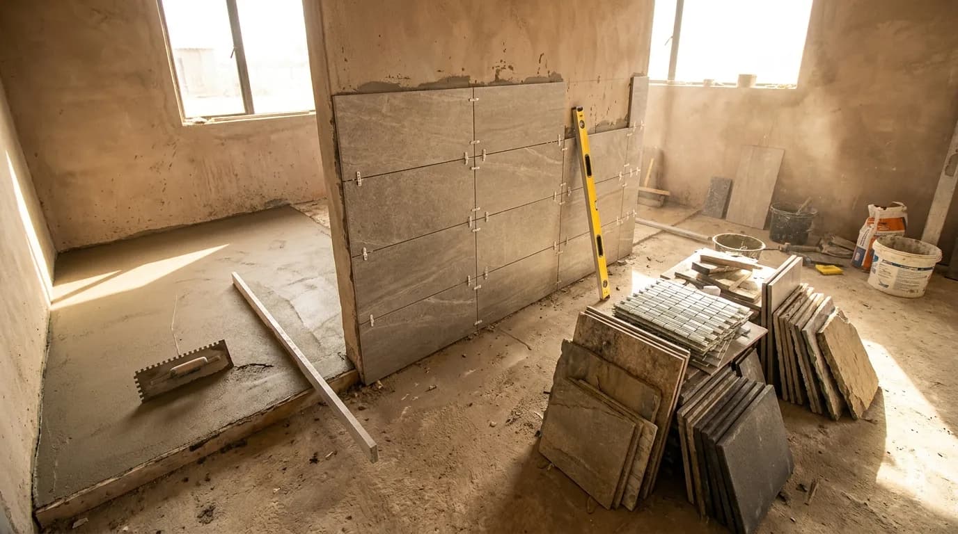 Baustelle mit halb gefliester Großformatwand, frischem Estrich und gestapelten Natursteinplatten